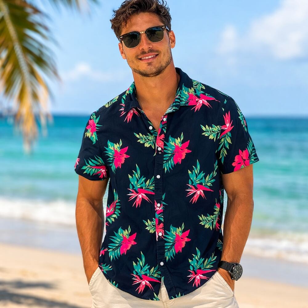 Denim & Flower RS Hawaiian Floral Shirt Mens Large Navy Tropical Short Sleeve